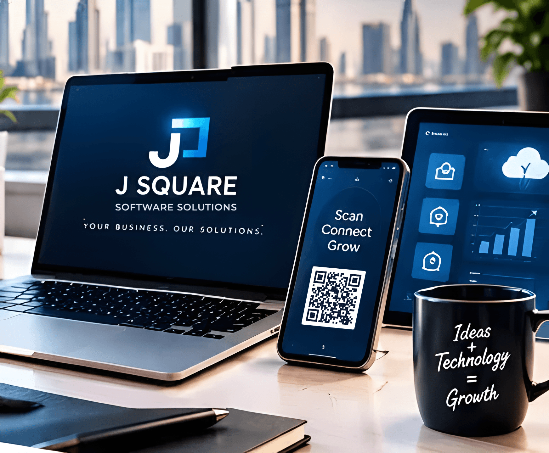 J Square Software Solutions on a laptop, phone and tablet in a modern office
